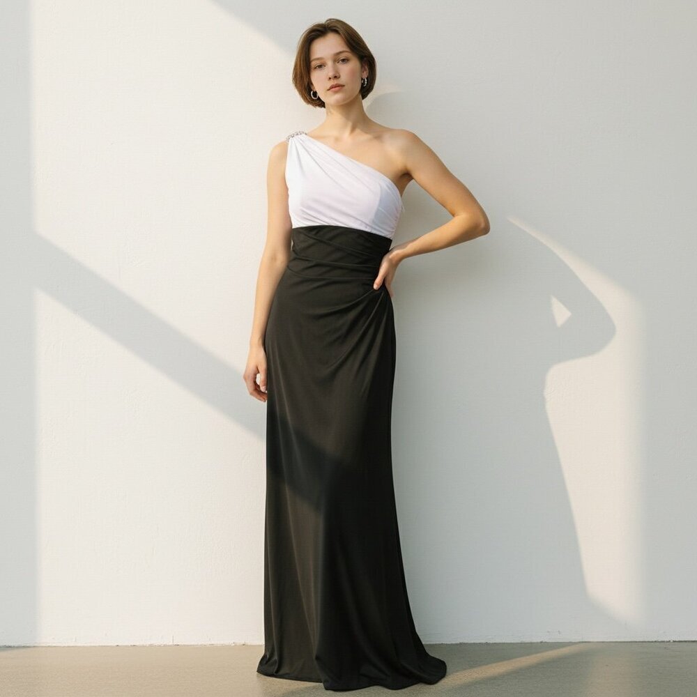 Alex‎ Evenings 1-Shoulder Gown Rhinestone Shoulder Accent 4 Black & White #207D